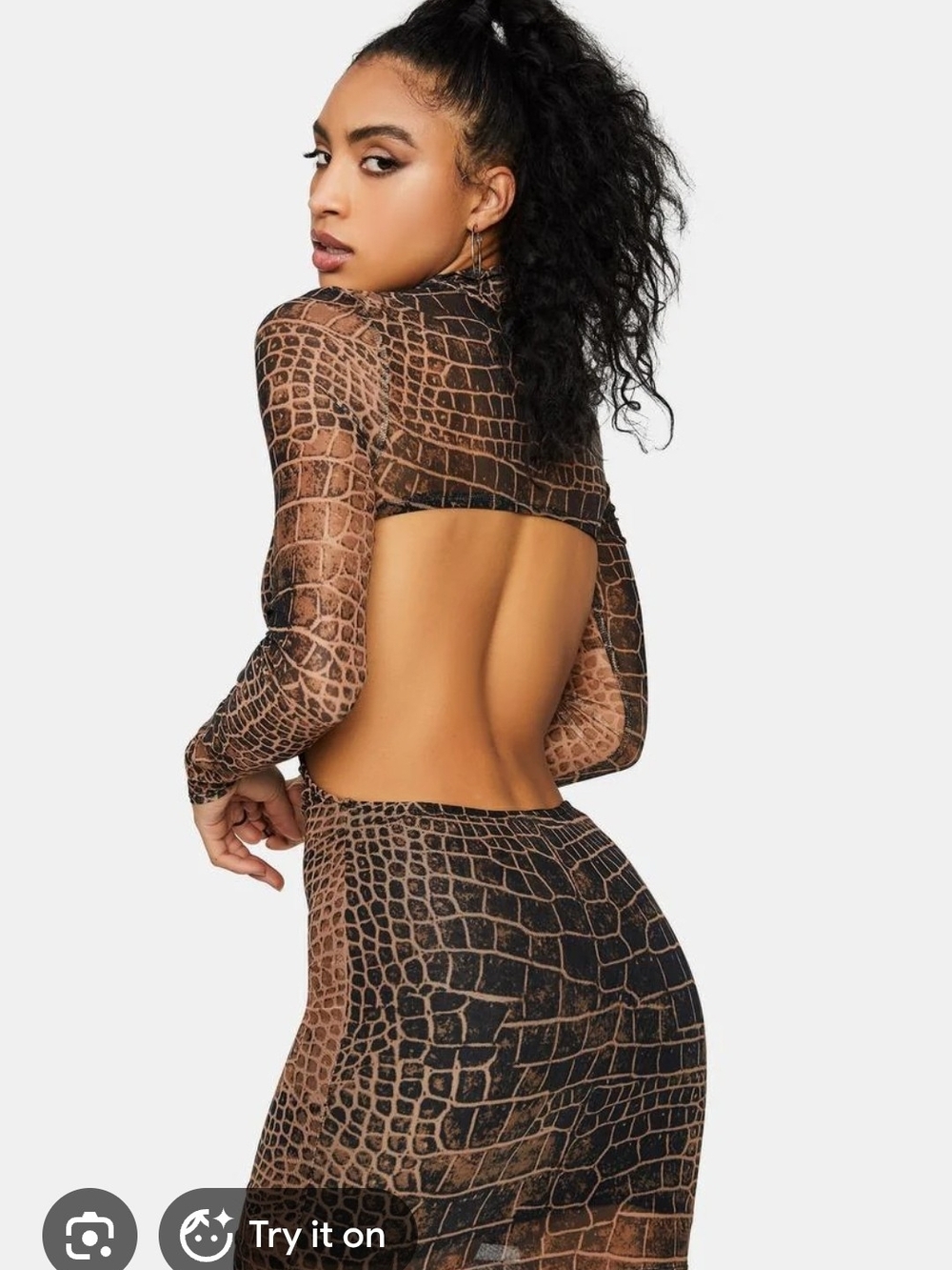 Croc-Texture Open-Back Bodycon Dress in Brown/Black